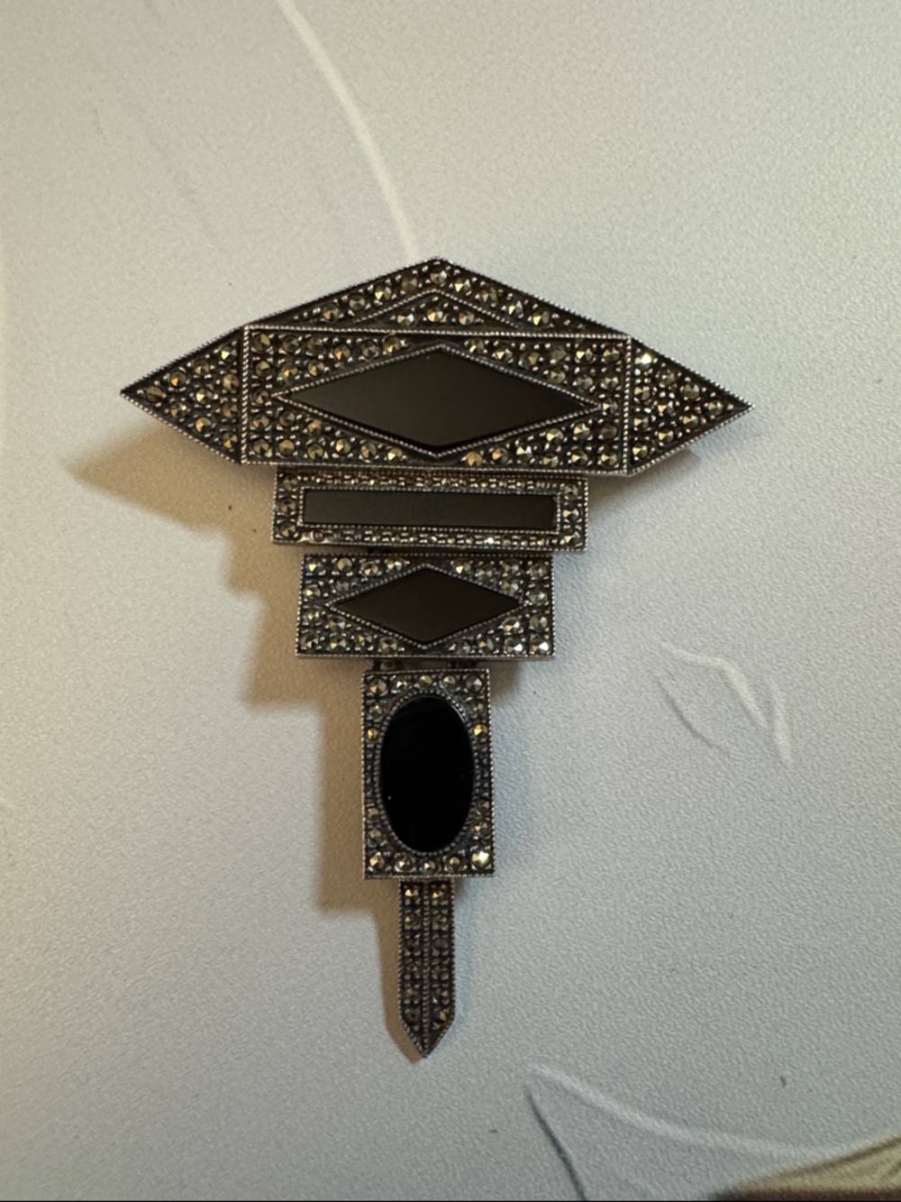 Judith Jack Sterling Silver Art Deco Black Marcasite Geometric Brooch